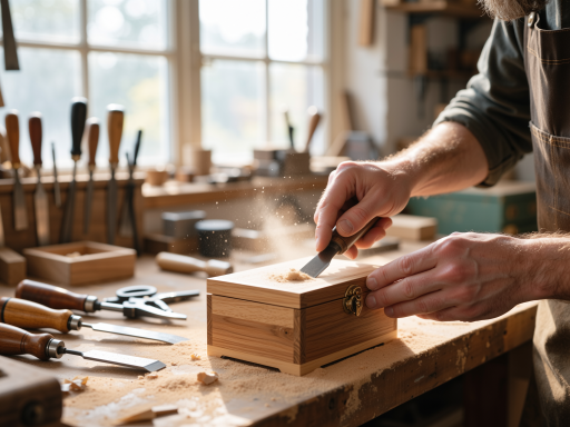 Close-up view of skilled hands sanding a wooden box, showing the fine detail and woodworking tools in the background