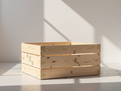 Natural wood storage box with smooth finish and visible grain pattern, sitting on a light surface