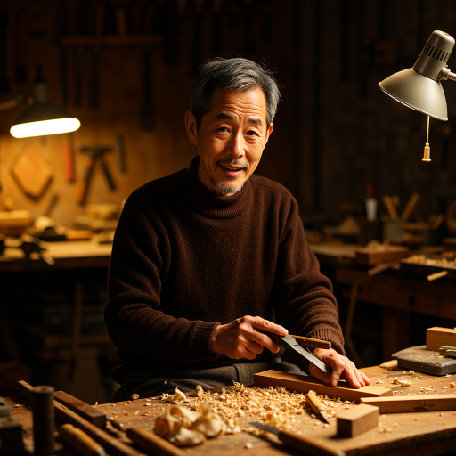 A craftsman working at his bench in a well-lit workshop, surrounded by wooden materials and tools